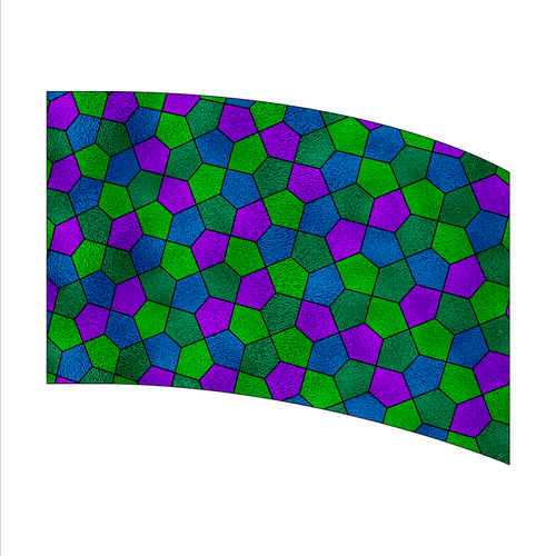 Geometric pattern with green, blue, and purple shapes on a white background