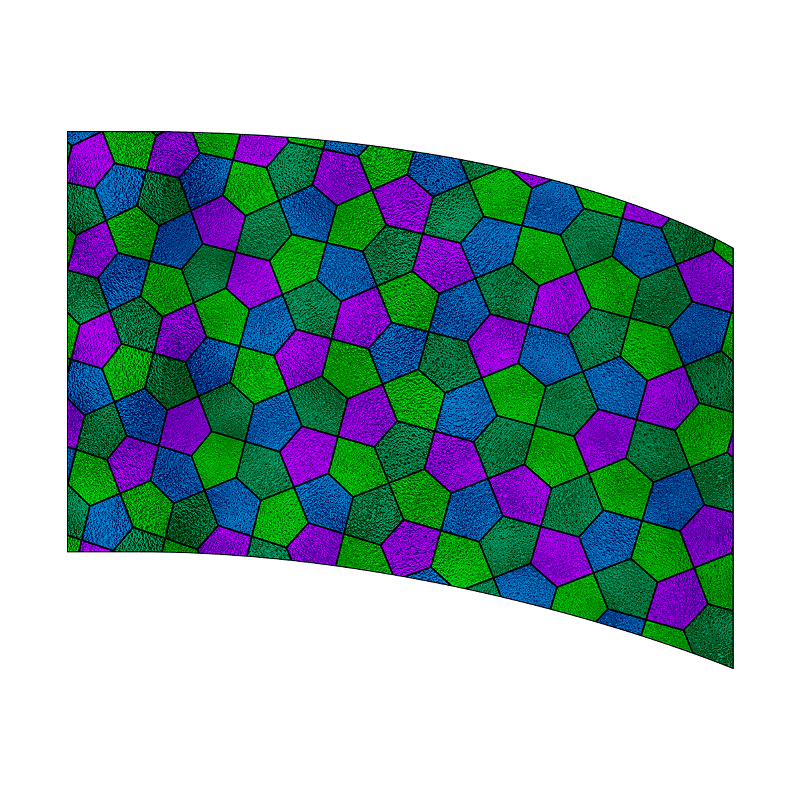Geometric pattern with green, blue, and purple shapes on a white background