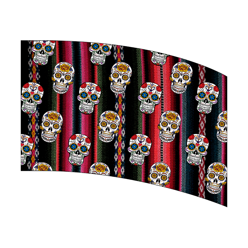 Decorative wall art with colorful skull pattern on a striped background