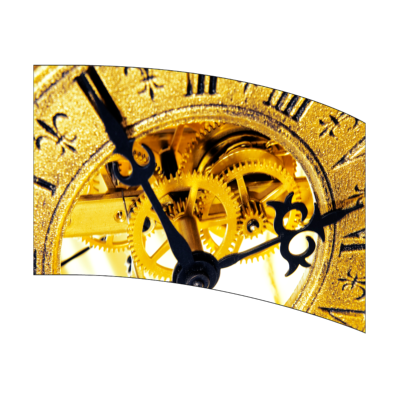 Close-up of a gold clock mechanism with gears and hands on a white background
