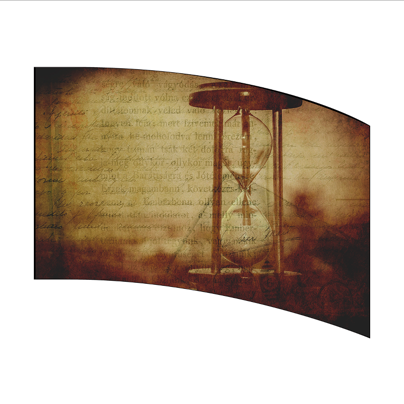 Curved wall art with an hourglass design and text on a white background