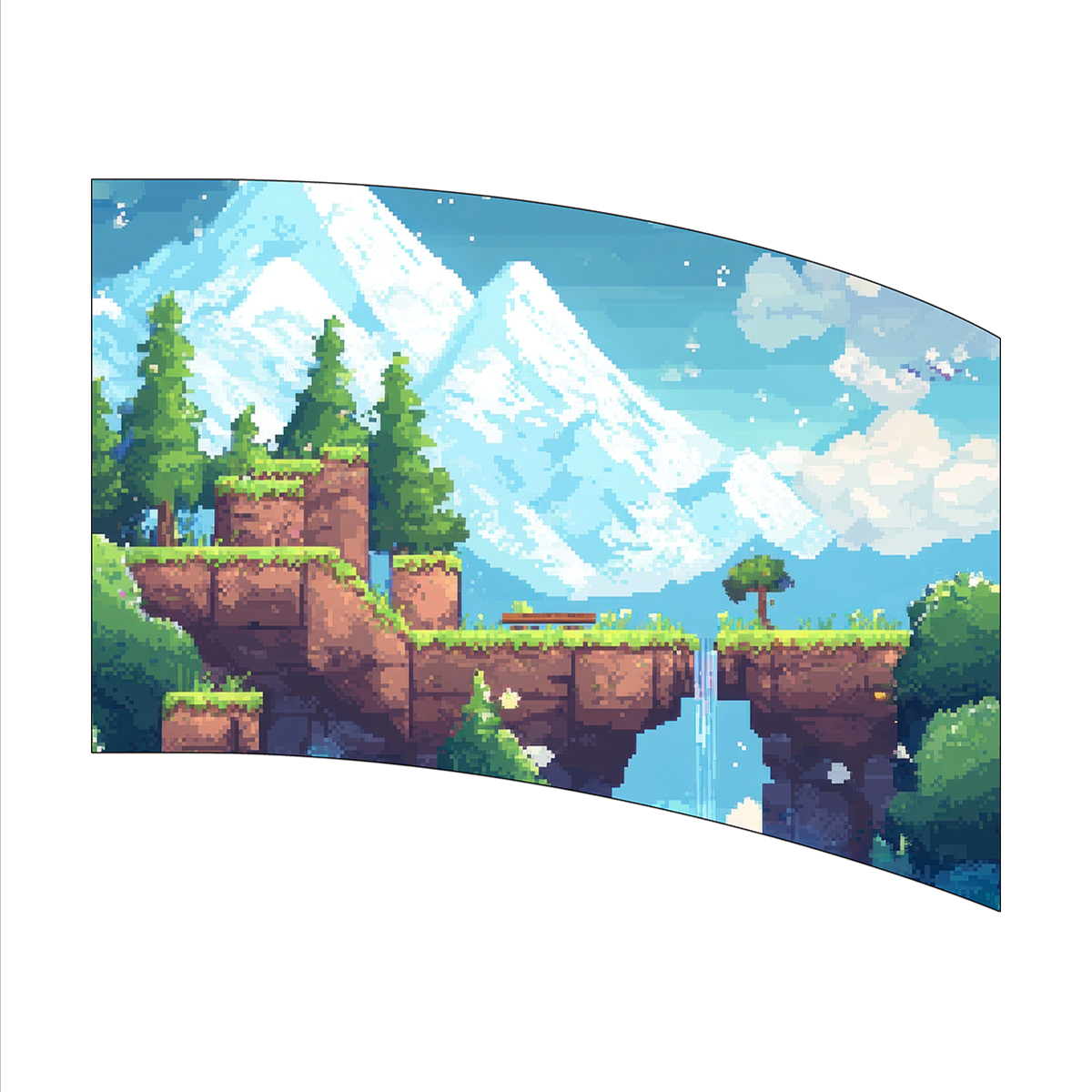 Pixel art landscape with mountains, trees, and a river on a curved background
