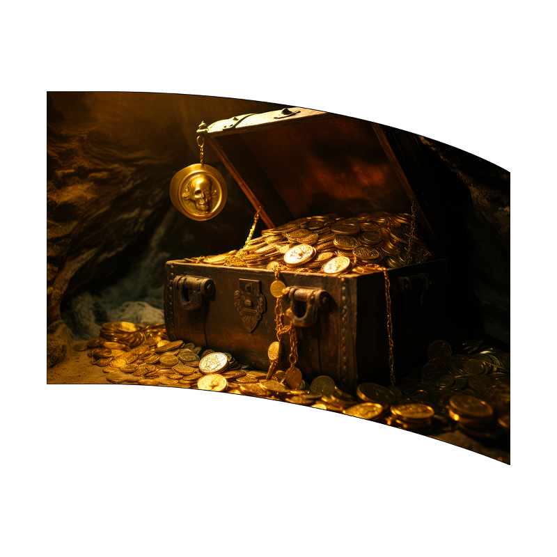 Open treasure chest filled with gold coins in a dark setting