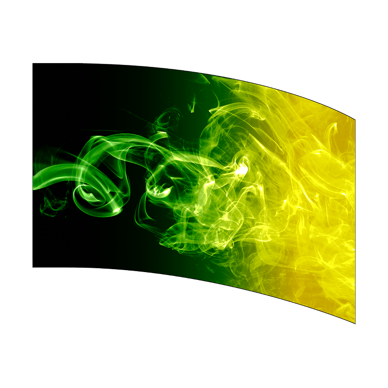 Curved display with green and yellow smoke-like design on a black background