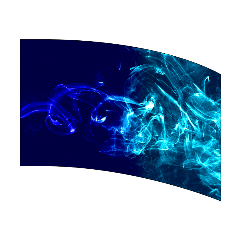 Curved display with blue and purple smoke-like design on a white background
