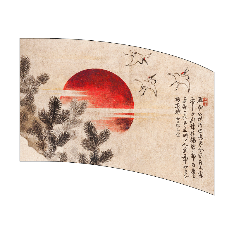 Traditional Japanese artwork with a red sun, pine trees, and birds on a textured background.