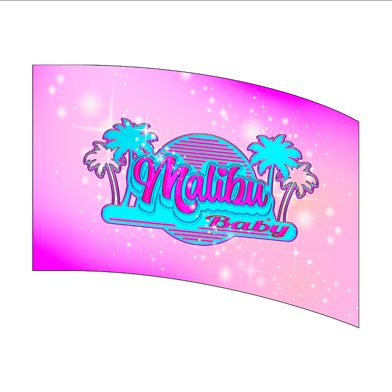 Malibu Baby logo with palm trees on a pink and purple gradient background