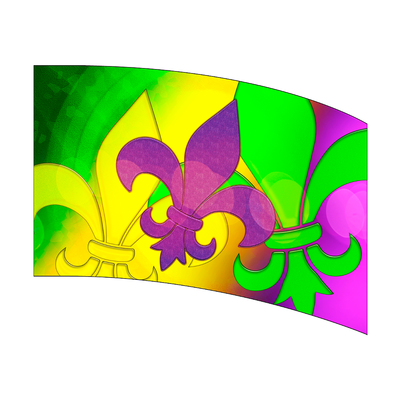 Colorful Mardi Gras-themed decorative paper hat with a purple and green design on a white background.