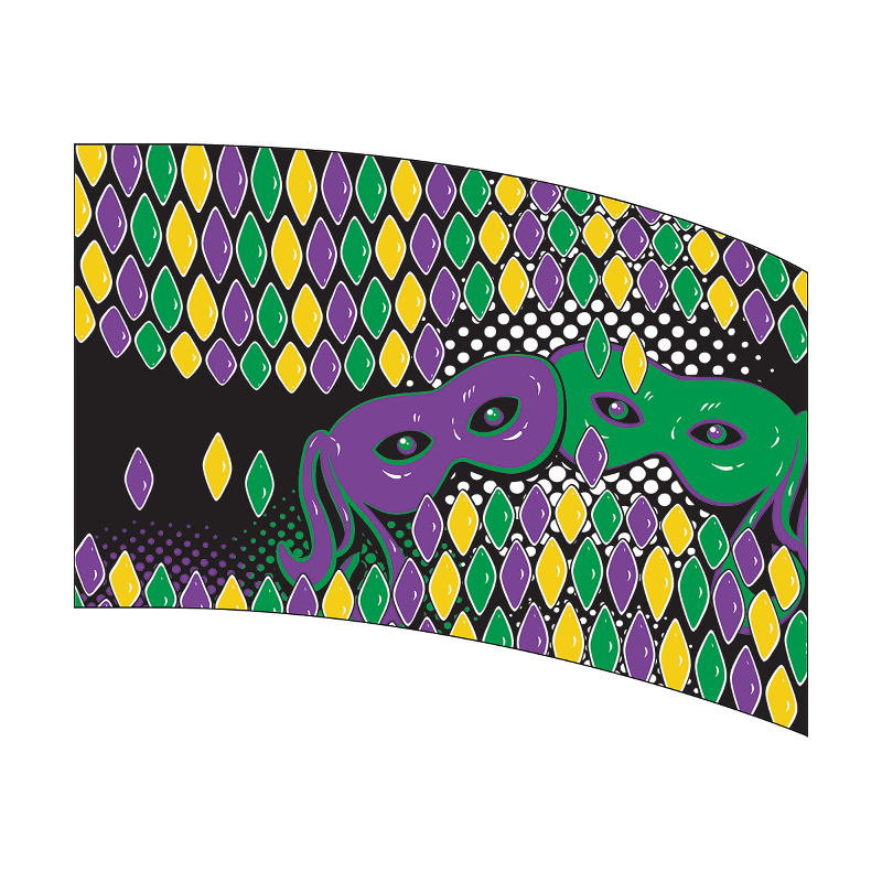 Decorative banner with purple and green masks on a black background with colorful patterns