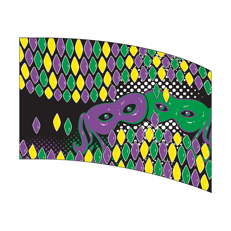 Decorative banner with purple and green masks on a black background with colorful diamond patterns.