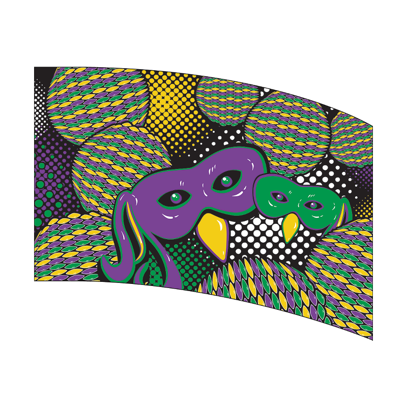 Colorful mask design with purple and green colors on a patterned background