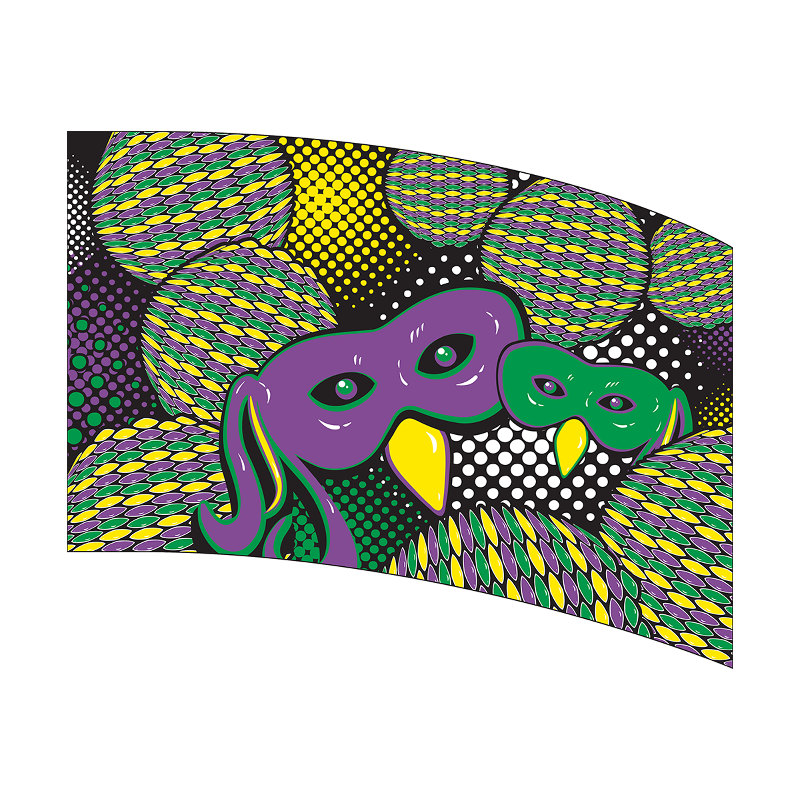 Colorful mask design with purple, green, and yellow on a patterned background