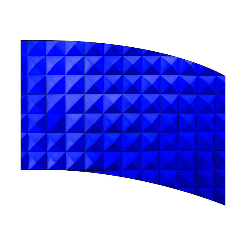 Blue geometric patterned object on a white background