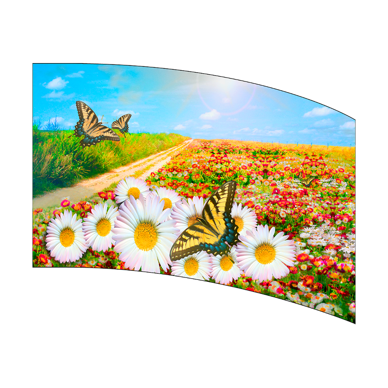 Decorative wall art with butterflies and flowers on a curved background