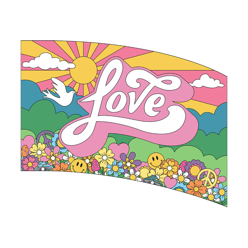 Colorful design with 'love' in the center, sun, clouds, flowers, and peace symbol on a white background.
