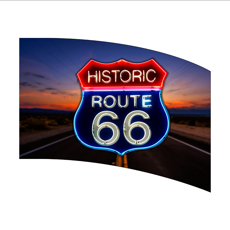 Neon sign of Historic Route 66 with a road and sunset in the background