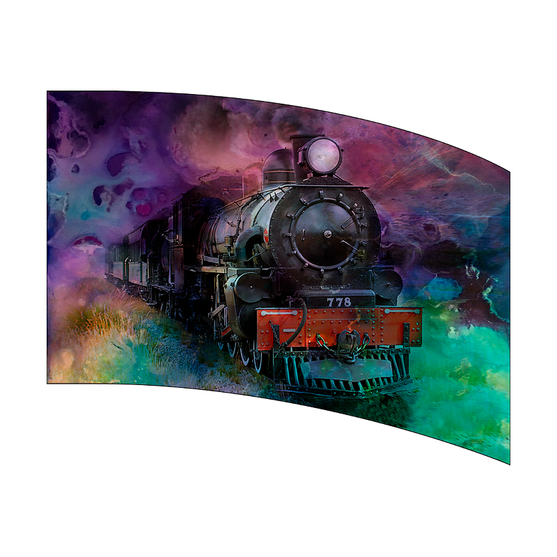 Vintage steam locomotive with colorful abstract background