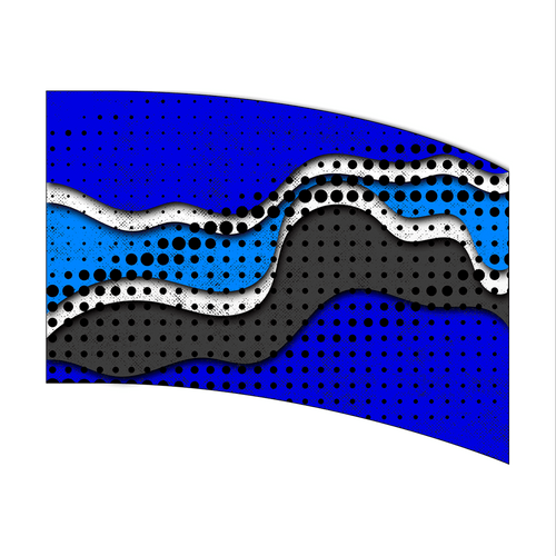 Abstract design with wavy patterns in blue, black, and white on a white background