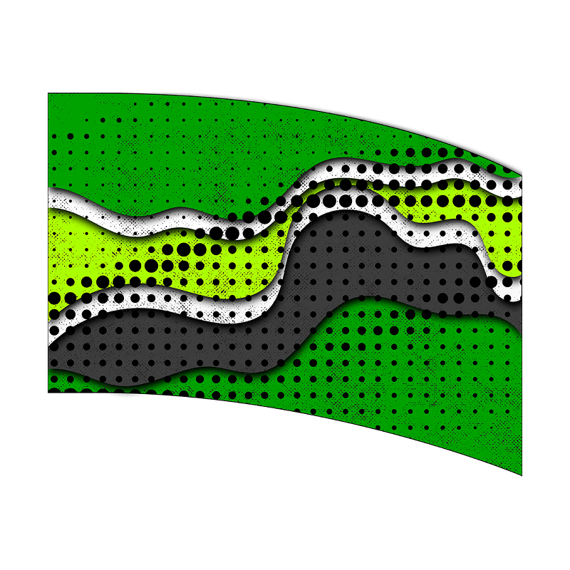 Abstract design with wavy patterns in green, black, and white on a white background