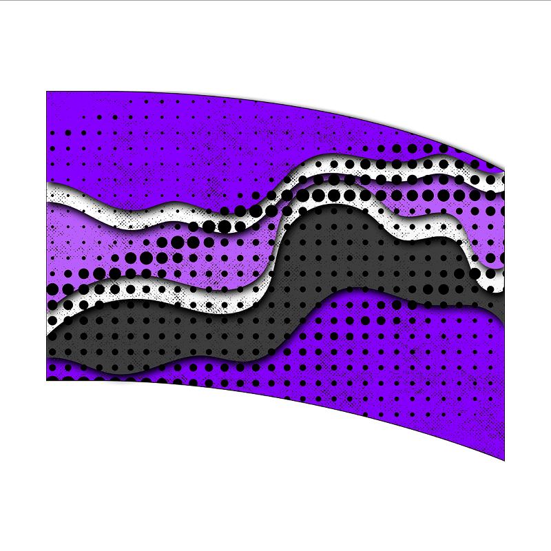 Abstract design with wavy patterns in purple, black, and white on a white background