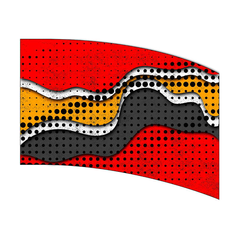 Abstract art piece with wavy patterns in red, orange, black, and white on a white background