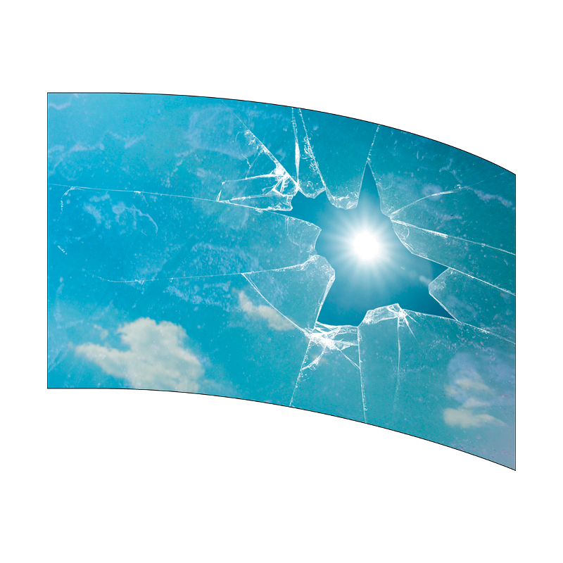 Broken glass with a blue sky and clouds visible through it