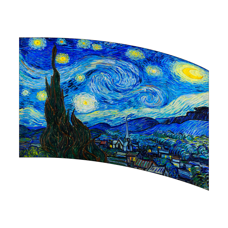 Curved display of 'Starry Night' painting with swirling blue sky and yellow stars.