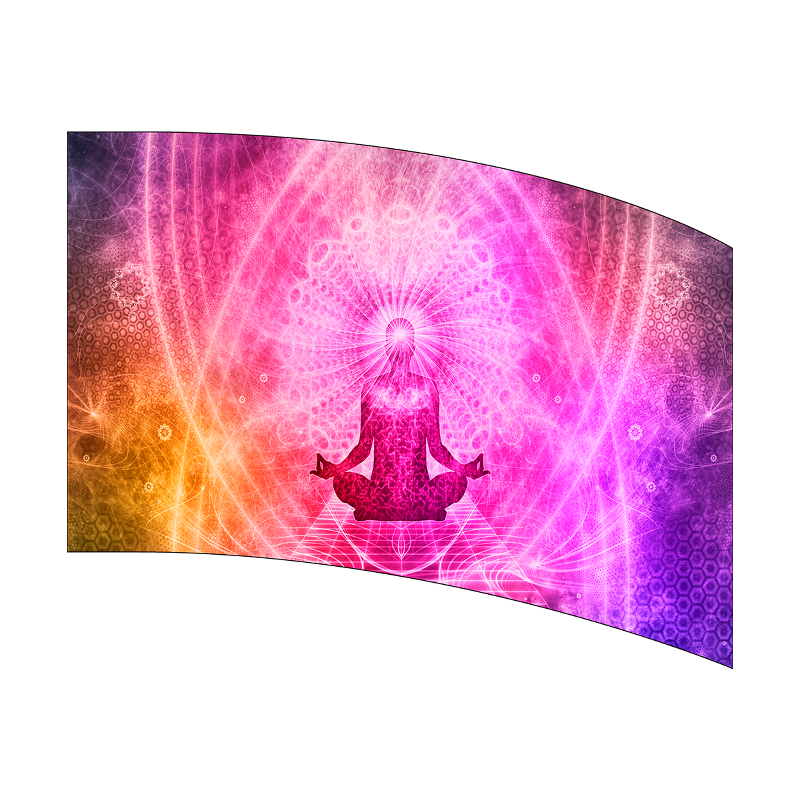Colorful abstract design with a meditating figure on a white background
