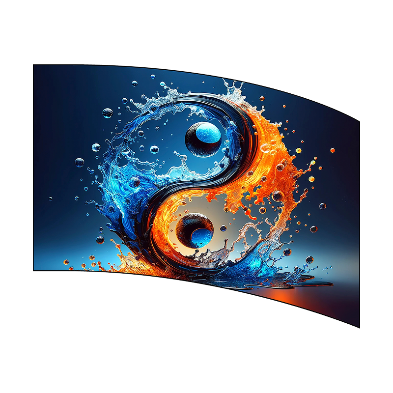 Yin yang symbol with water and fire elements on a curved screen