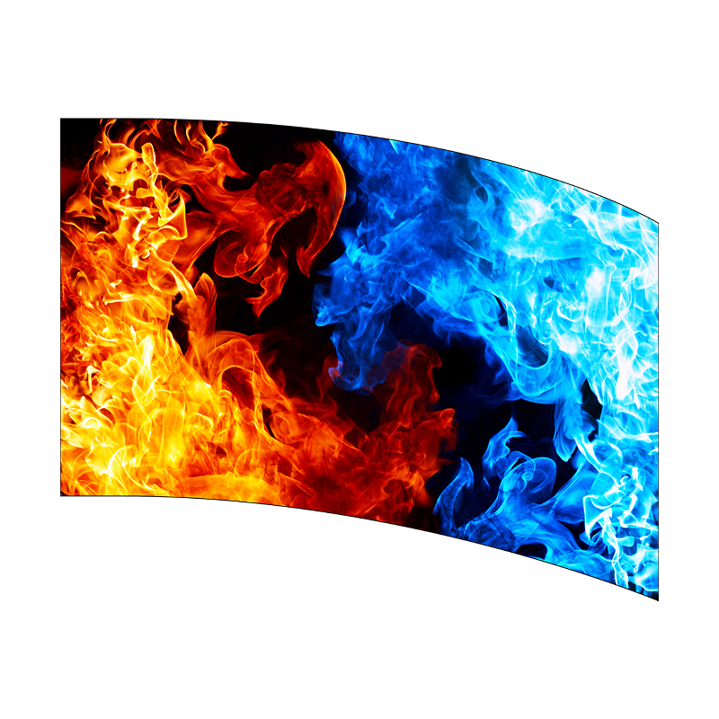 Curved display with flames on one side and water-like texture on the other, on a white background.