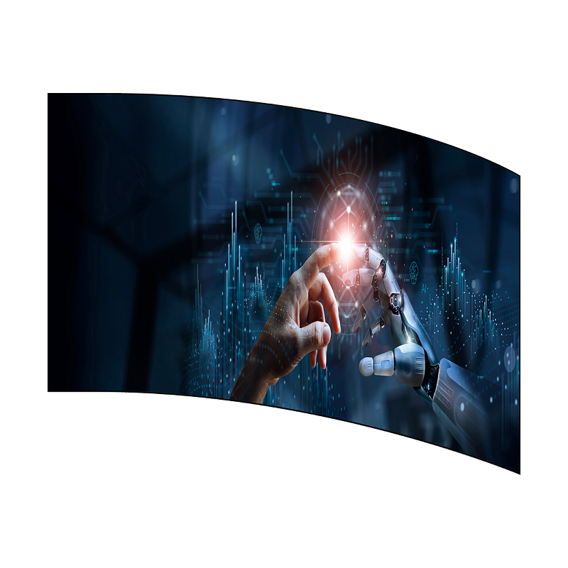 Curved digital display showing a hand and robot arm touching in a futuristic setting.
