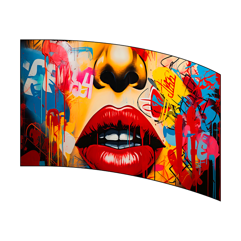 Colorful abstract art piece with a prominent nose and red lips on a white background