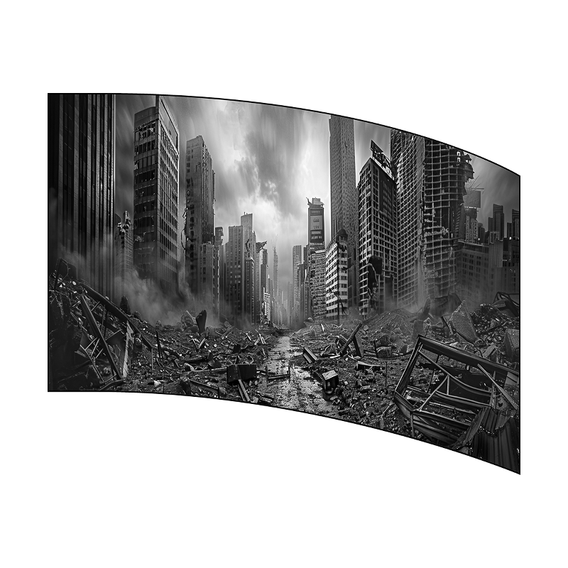 Curved screen displaying a black and white cityscape with destruction