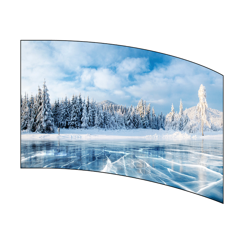 Curved TV screen displaying a winter landscape with snow-covered trees and a frozen lake.
