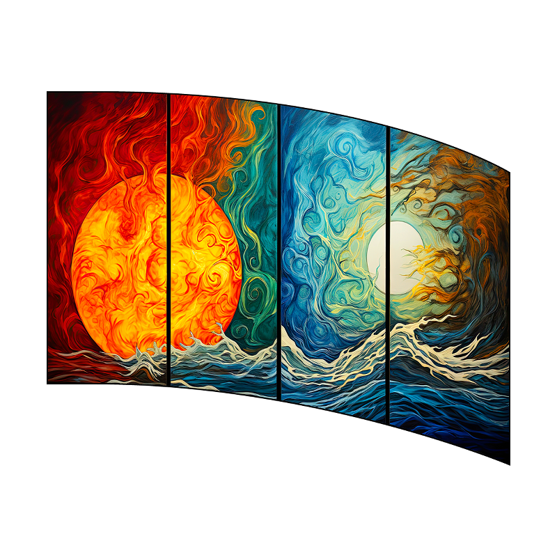 Four-panel artwork depicting fiery and watery elements on a white background