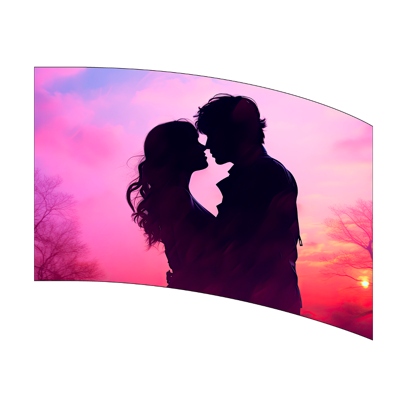 Silhouette of a couple embracing against a pink and purple sky with a setting sun.