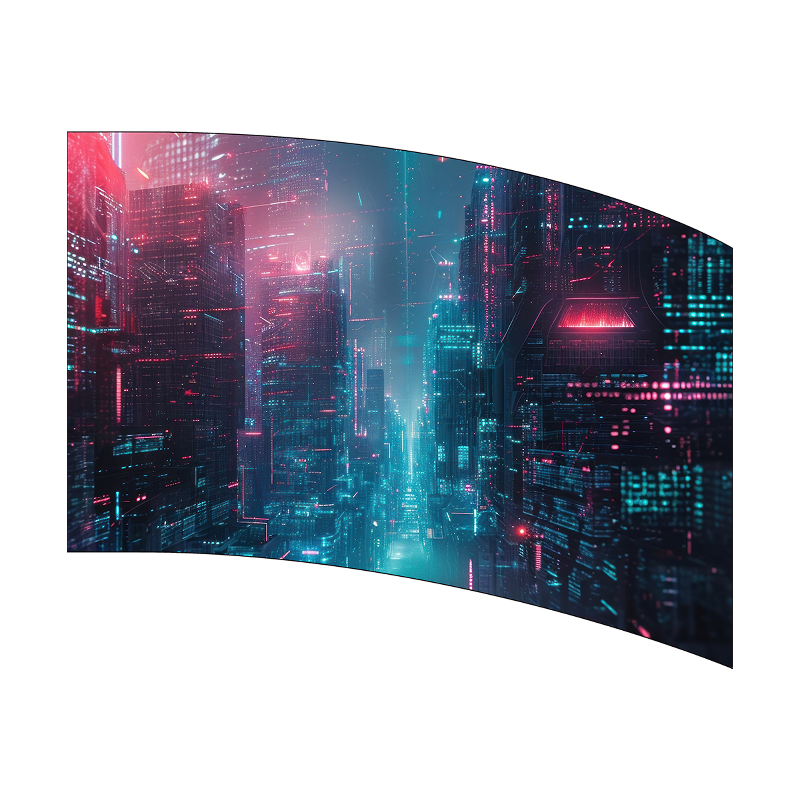 Curved digital display with a futuristic cityscape design on a white background