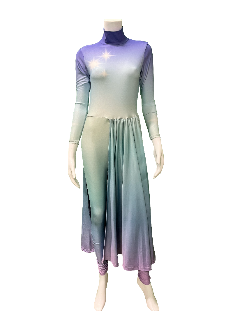 A pastel blue color guard unitard with a starburst pattern on the chest and an attached flowing skirt, displayed on a mannequin.