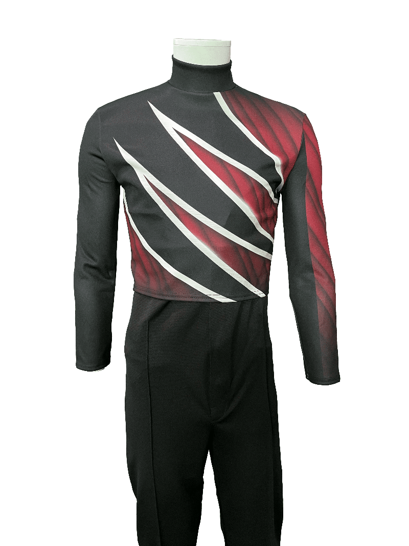 A long-sleeve athletic top and matching pants displayed on a mannequin torso against a black background. The top is black with bold diagonal red and white graphic stripes across the chest and upper arms, while the pants are solid black.