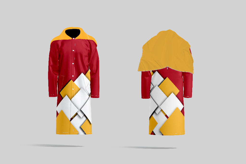 TempoShield Raincoat T10 front and rear view showing a full-length waterproof marching band raincoat with maroon body, mustard yellow shoulder cape and hood, and striking geometric white and gold panel design, built for all-weather band performances and outdoor protection.