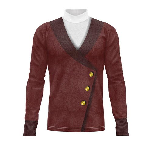 A digital print of a maroon colored band uniform top with a v-neck and gold buttons, displayed on a white background.