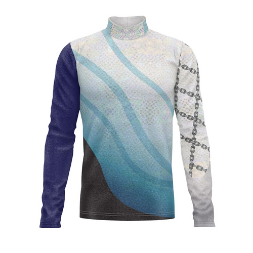 A digital print of a Flow Flex Top G239 featuring a geometric pattern with blue tones and white details on a black background, likely used for a marching band or percussion uniform.