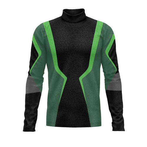 A digital print of a long-sleeved band uniform top with a turtleneck, featuring black and green solid colors with a geometric pattern design.