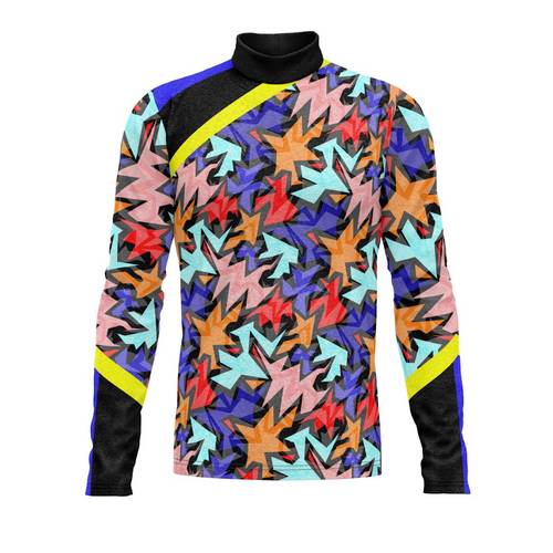 A digital print of a Flow Flex Top G241 with a geometric pattern in multiple colors on a white background.