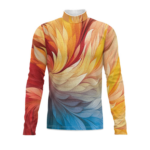 A long-sleeved mock neck shirt with a multicolored floral-like pattern.