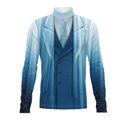 A digital print of a blue and white striped Flow Flex Top G244, designed for indoor and outdoor use, suitable for marching bands and percussion uniforms.
