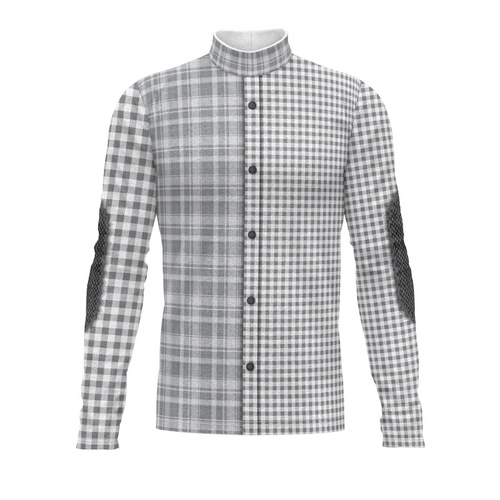 A digital print of a plaid patterned shirt with long sleeves and a button-up front.