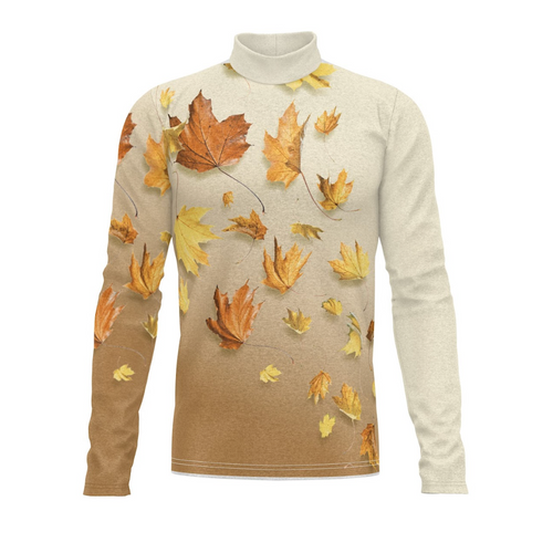 A digital print of a turtleneck show top with leaf patterns against a beige background.