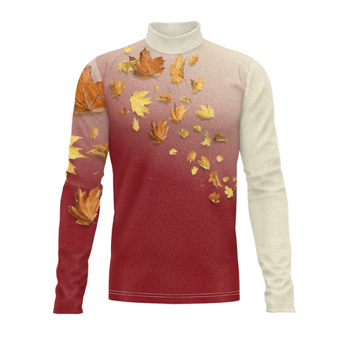 A digital print of a turtleneck show top with a gradient of red to beige and leaf patterns throughout.