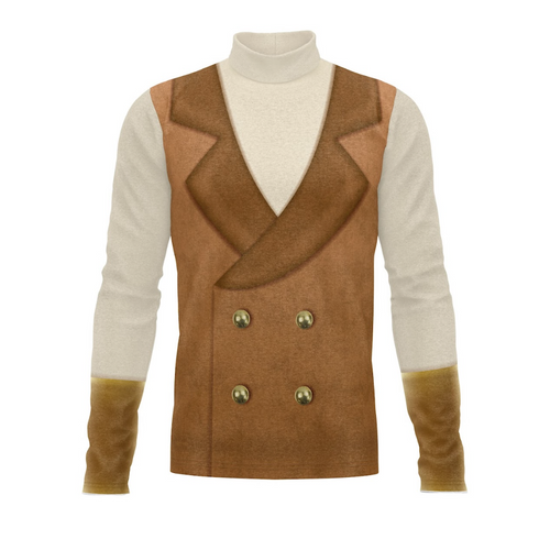 A digital print of a show top with a faux double-breasted jacket design in brown with white collar and cuffs, and a beige turtleneck underneath.